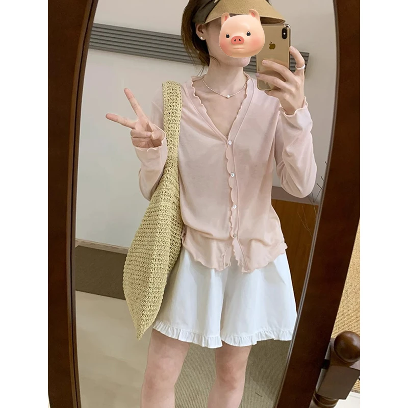 法式V领木耳边粉色冰丝防晒衣女夏季薄款外搭针织开衫空调衫上衣