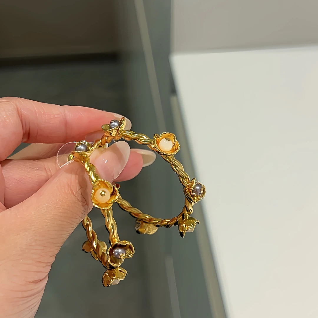 黄铜耳饰 法式复古金属麻花繁花枝干耳环耳圈