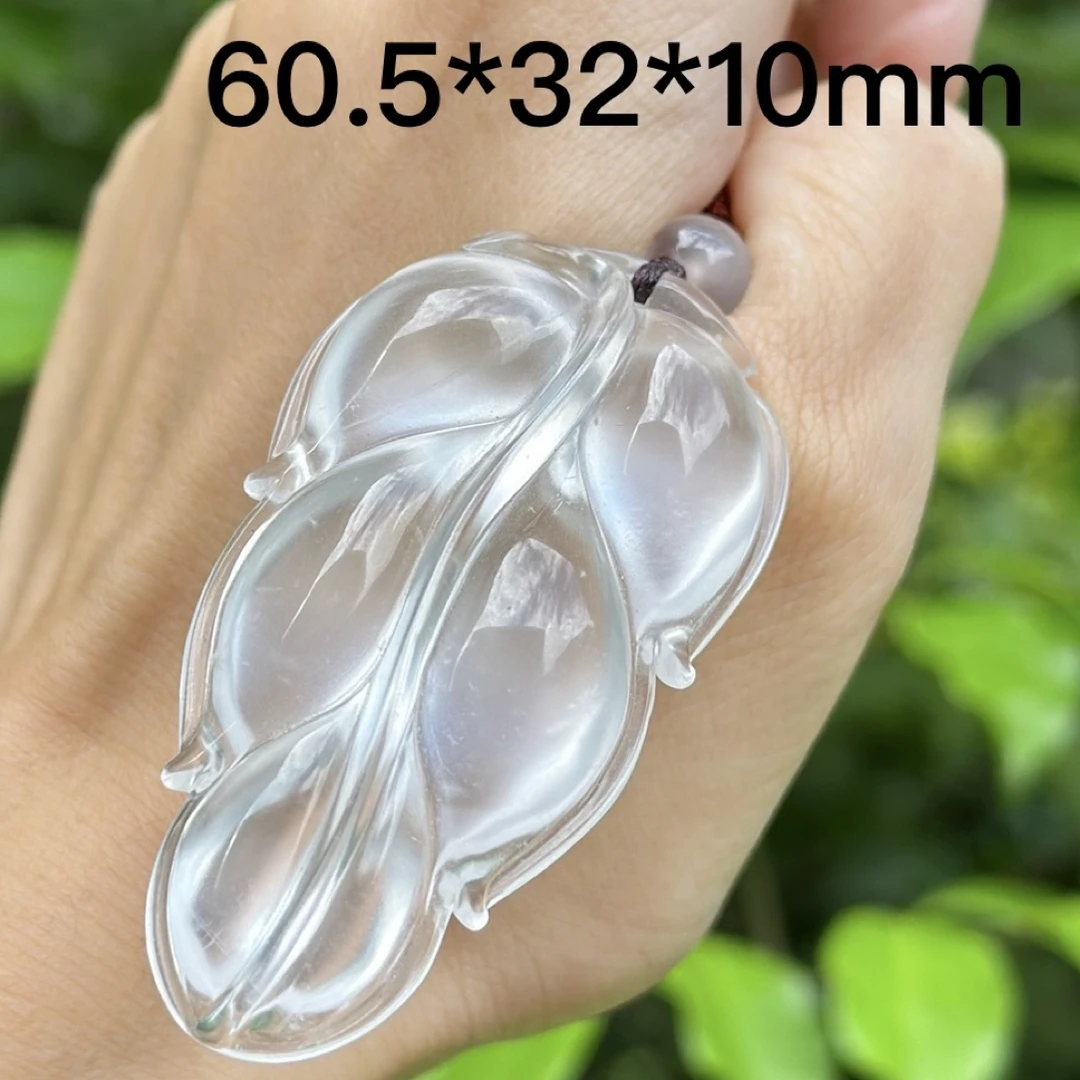 俄白玻璃种雪花棉巨大叶子天然石英质玉吊坠男女款带证书挂件含绳