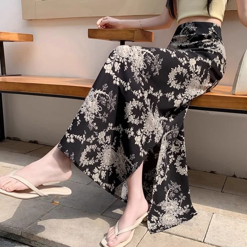 有运补~开叉缎面碎花夏季包臀蓝色碎花度假风半身裙法式风情万种