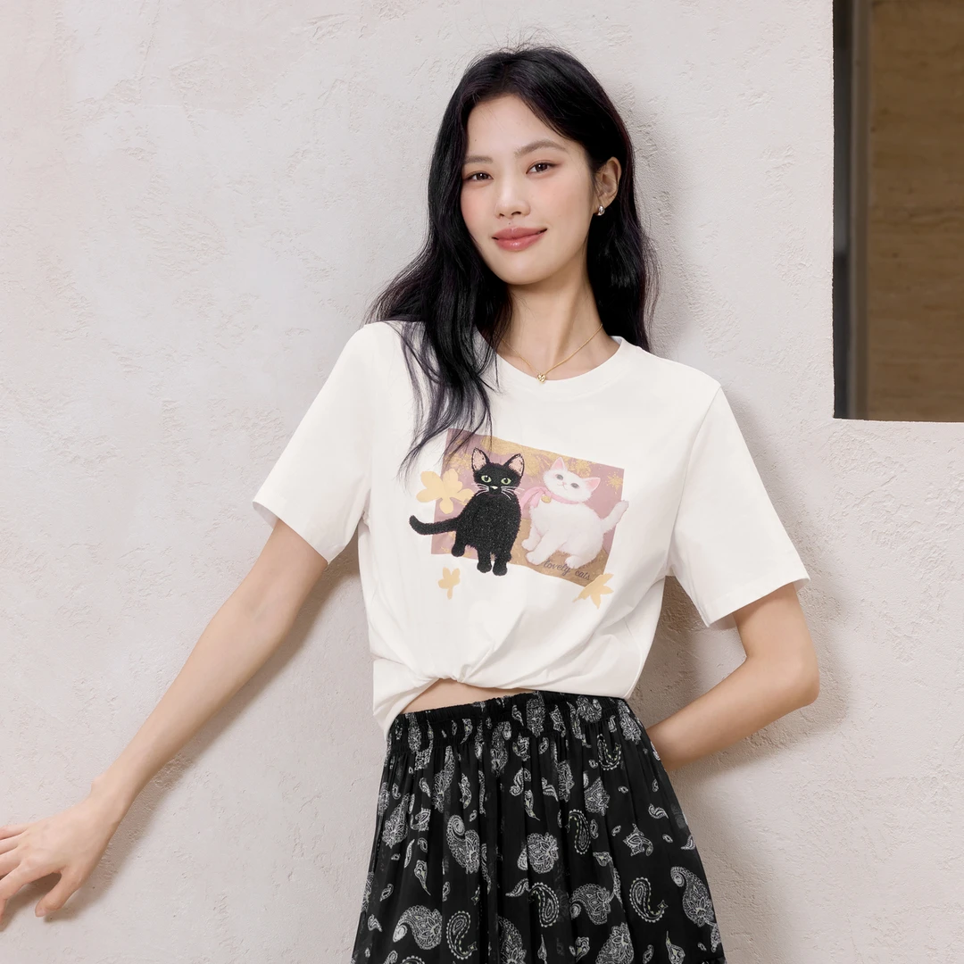 伊芙丽时尚百搭气质趣味萌宠印花T恤女夏季短袖上衣1G4901831