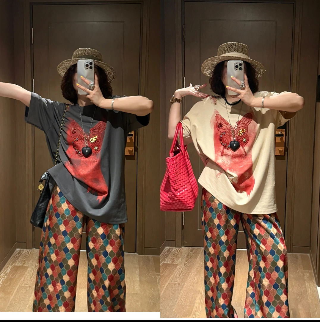 YDFSTUDIO小众【灵感格调】欧货高品蝴蝶结蕾丝钉钻设计时尚百搭T恤