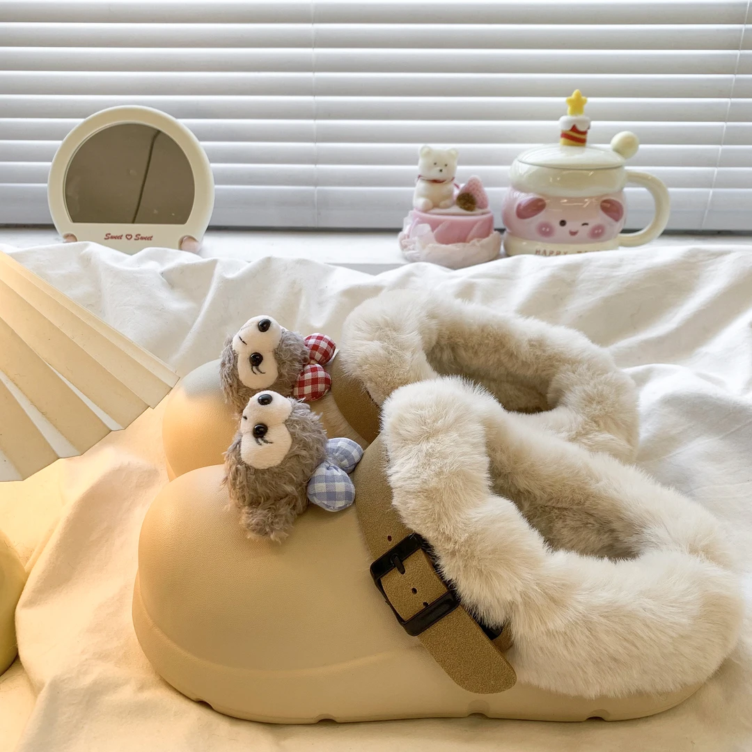 防水加绒包头棉拖鞋女外穿2025秋冬新款洞洞鞋厚底毛毛勃肯鞋半拖