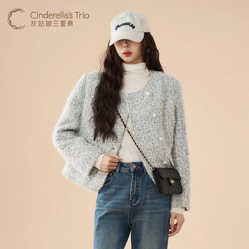 灰姑娘三重奏C·早春新款时尚气质蓝 粉加绒小香风外套H251118509