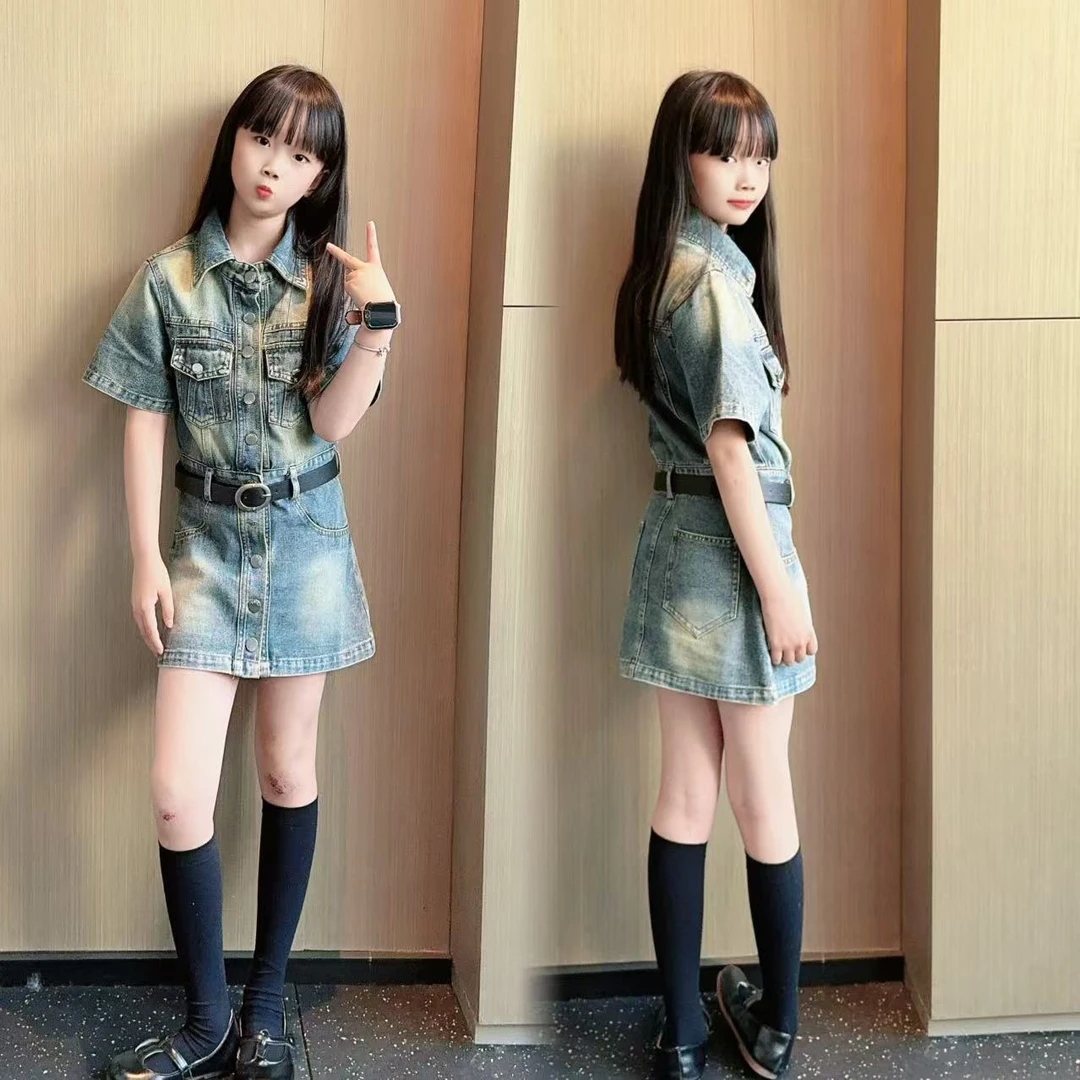 女童夏款港风牛仔连衣裙2025新款夏季中大童时髦休闲短裙牛仔裙
