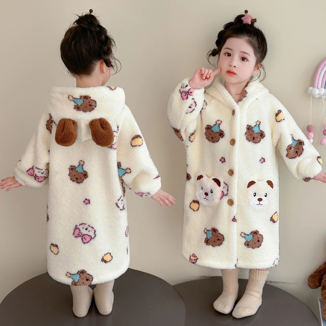 儿童睡袍秋冬款珊瑚绒宝宝加绒保暖连帽睡衣男女孩法兰绒女童浴袍