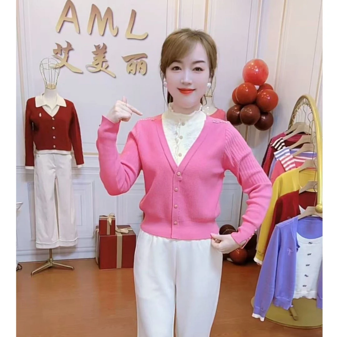 AML3 水绒蕾丝木耳领假两件修身显瘦秋冬新款打底衫百搭针织上衣