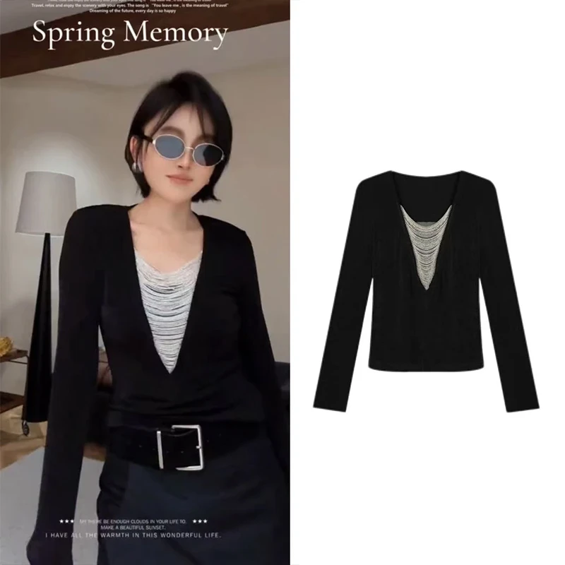 洋气设计感T恤打底衫女法式珠链V领黑色上衣显瘦修身T恤打底小衫