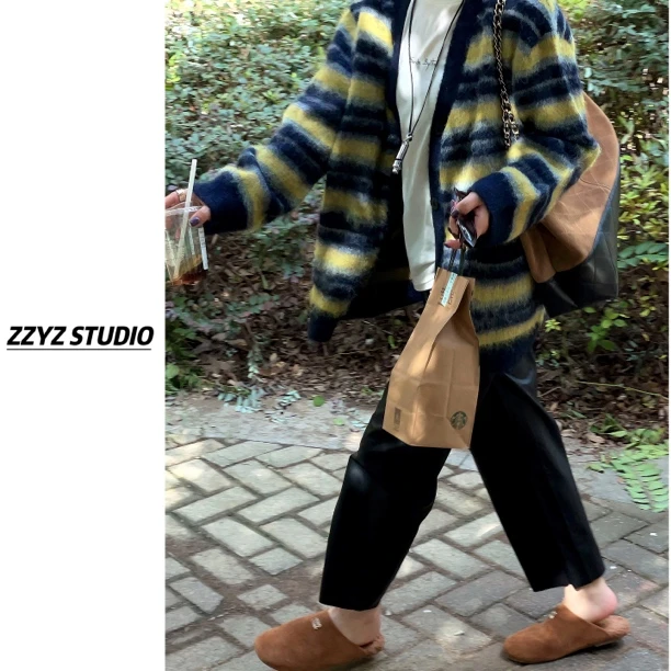 【ZZYZ】“复古音调”韩版复古v领条纹撞色毛衣厚外套慵懒宽松开衫