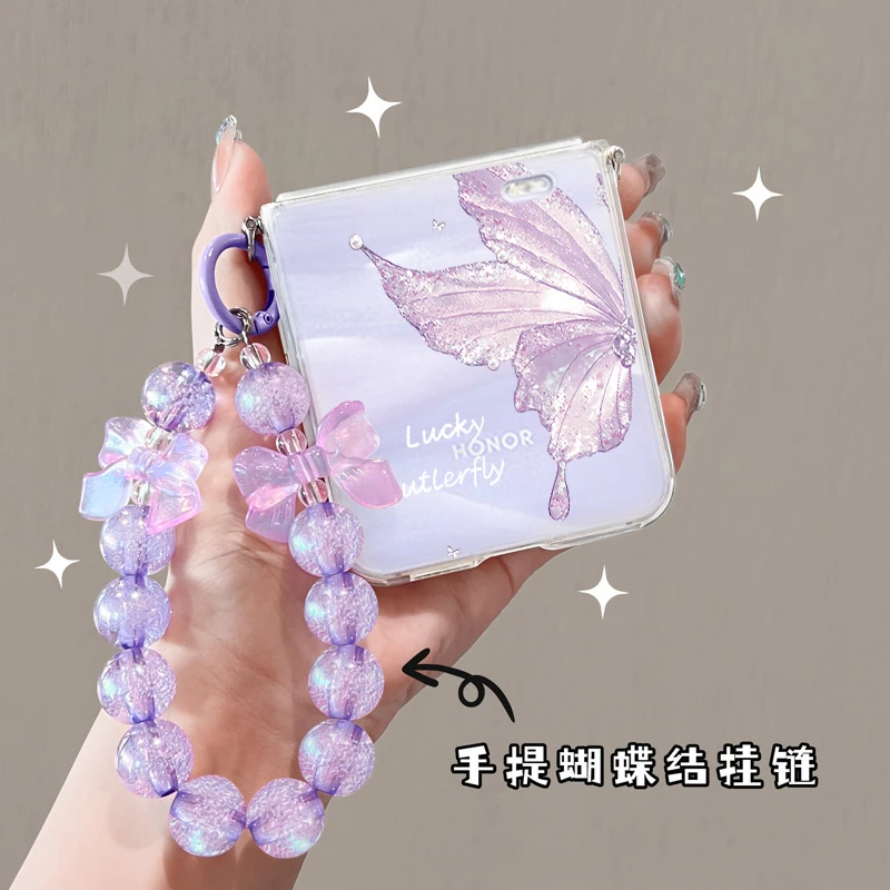 适用荣耀magicvflip2手机壳折叠屏手链vflip2保护套全包紫色蝴蝶