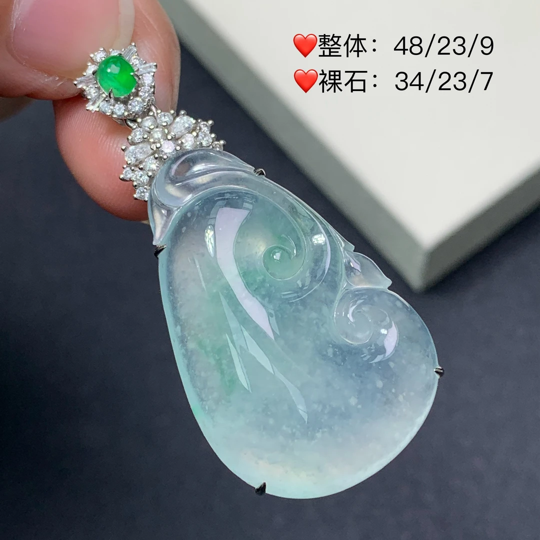 新品推荐·18K金高冰种冰晴木纳雪花棉如意翡翠玉石缅A吊坠冰透