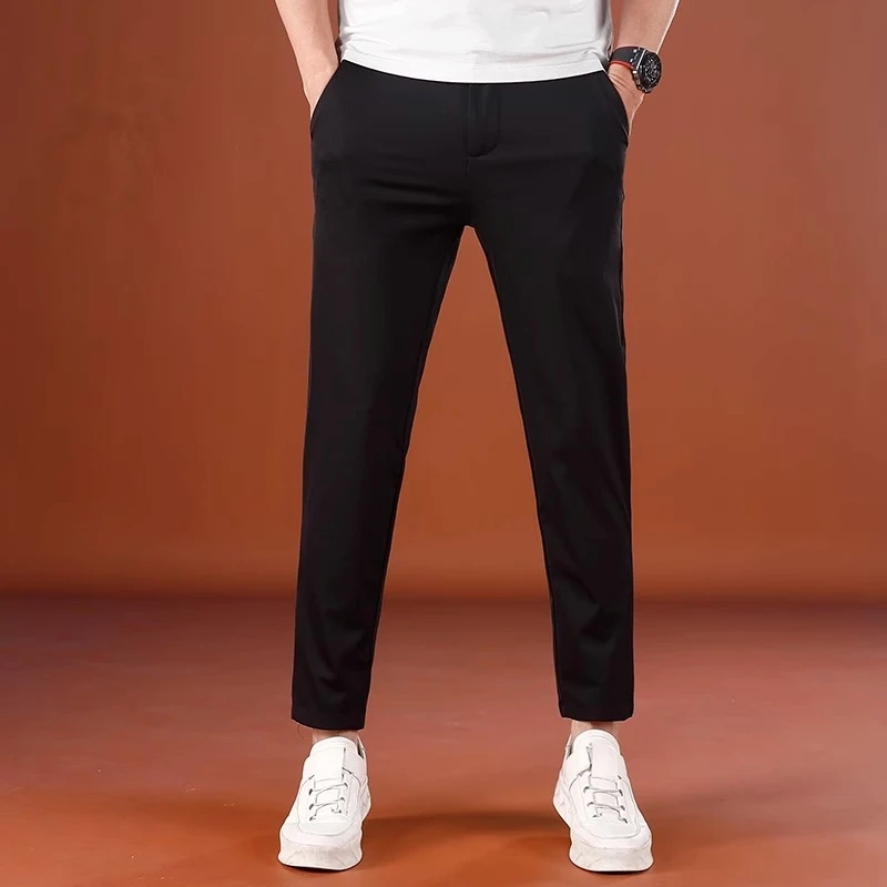 高级感黑色休闲裤男款爆款2025新款夏季薄款修身小脚休闲九分裤男