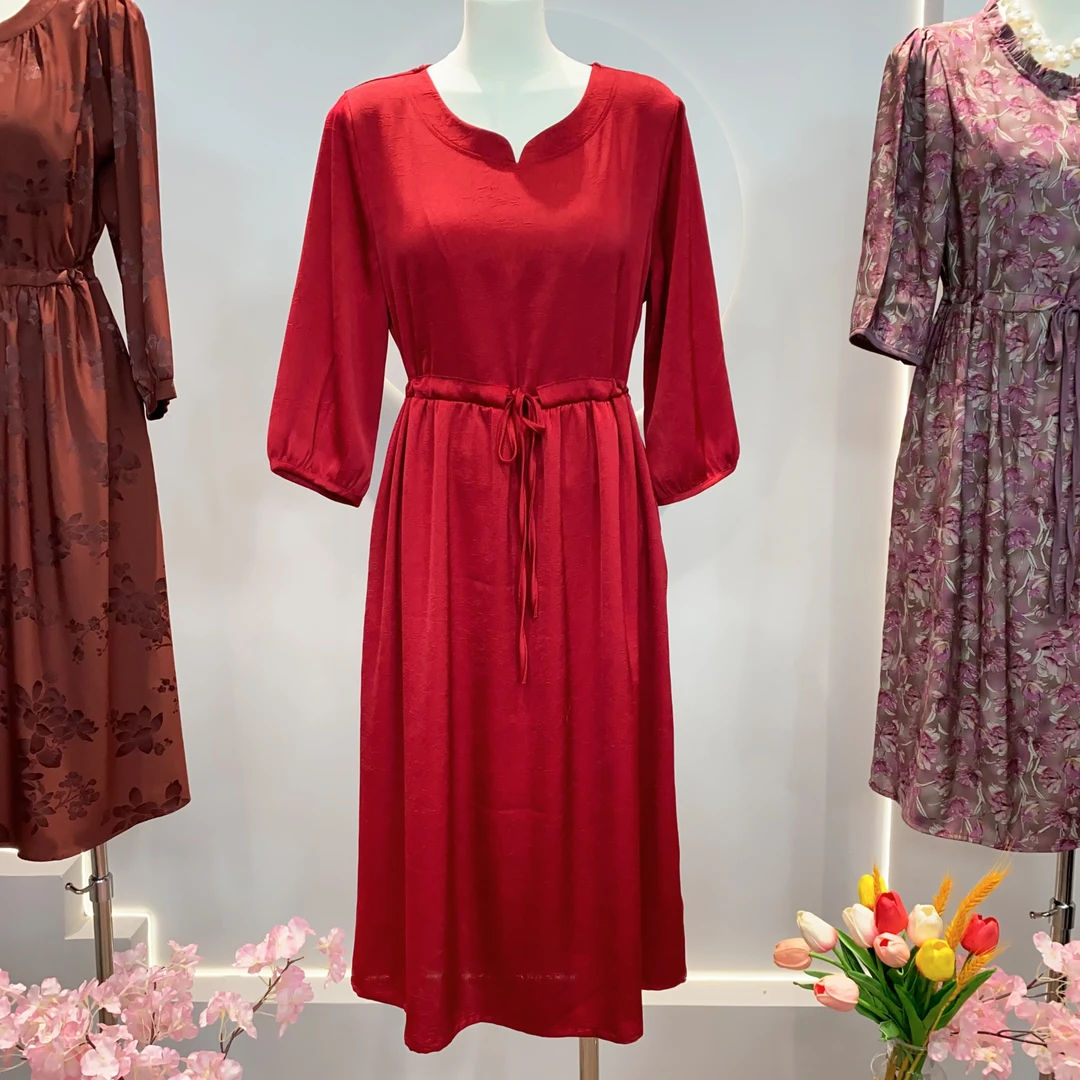 3008 大红色新款高品质时尚长袖气质圆领收腰连衣裙