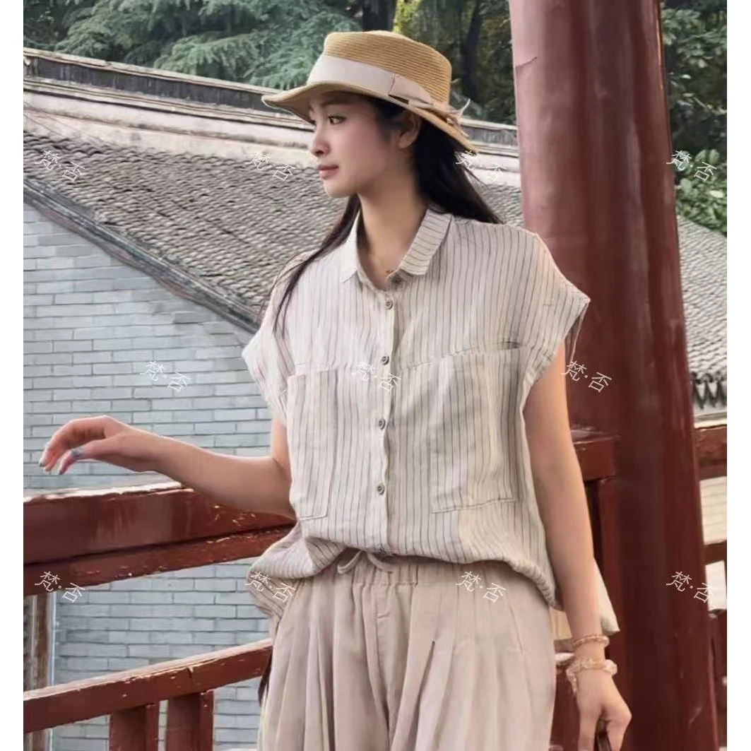 【梵·否】7660新款衬衫上衣女小衫纽扣显瘦宽松无袖条纹衬衣