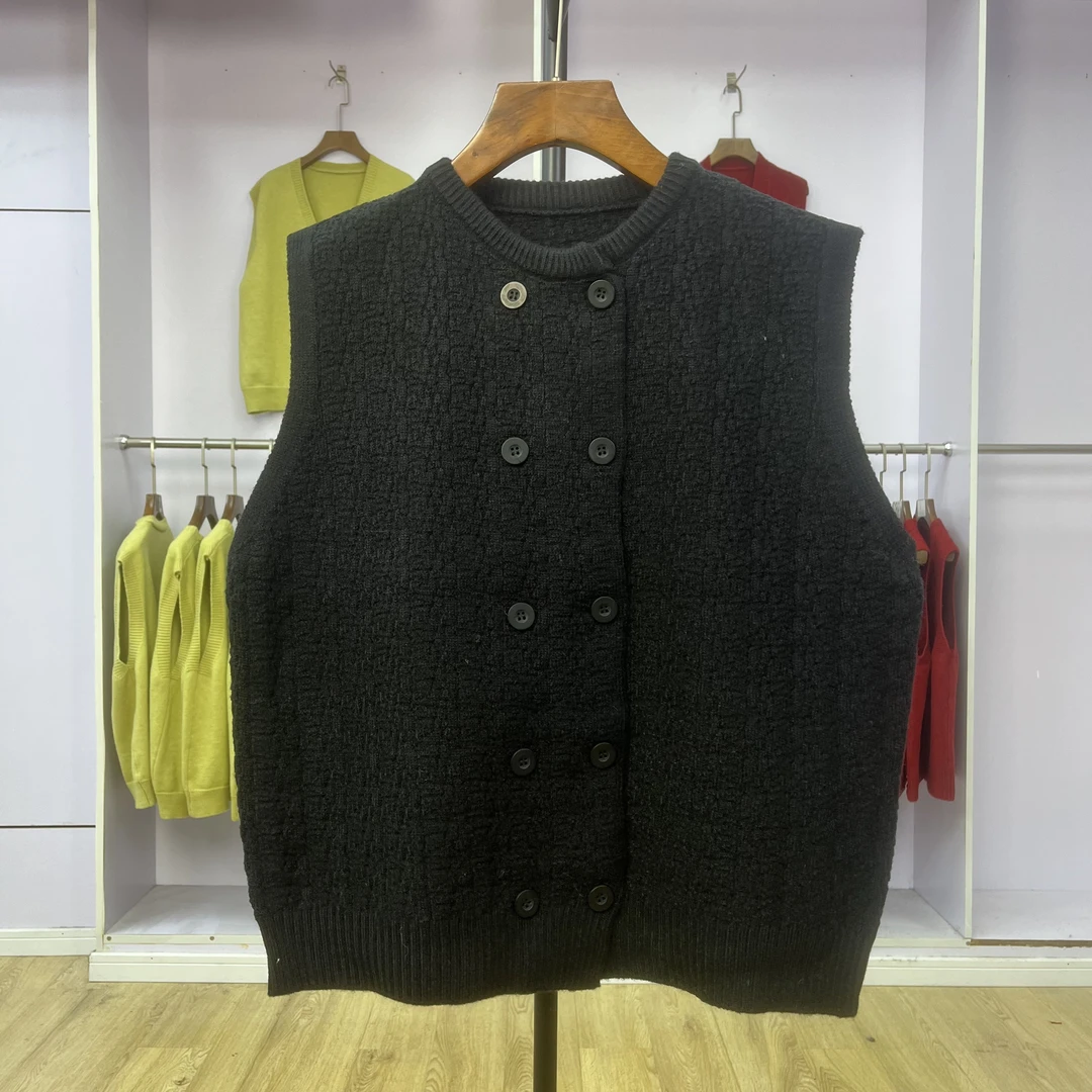 251 无袖大码休闲复古上衣双排扣韩版圆领百搭开衫毛衣马甲女背心