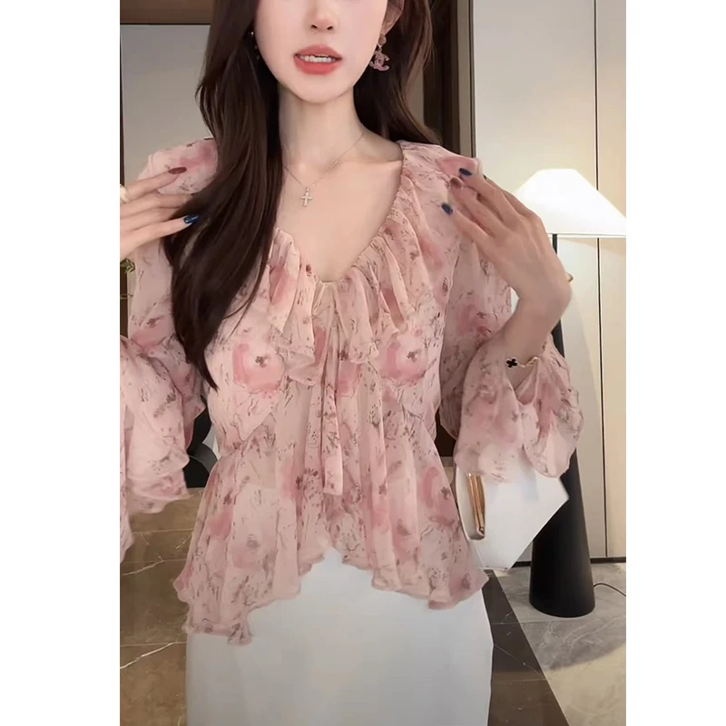 浪漫粉色甜美荷叶边显瘦长袖衬衫女2025春季新款法式气质上衣8650