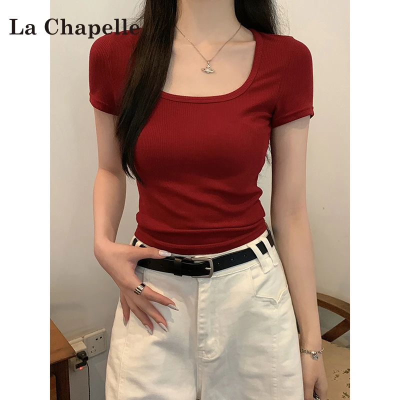 拉夏贝尔红色正肩短袖t恤女款2025夏季新款辣妹修身黑色短款上衣