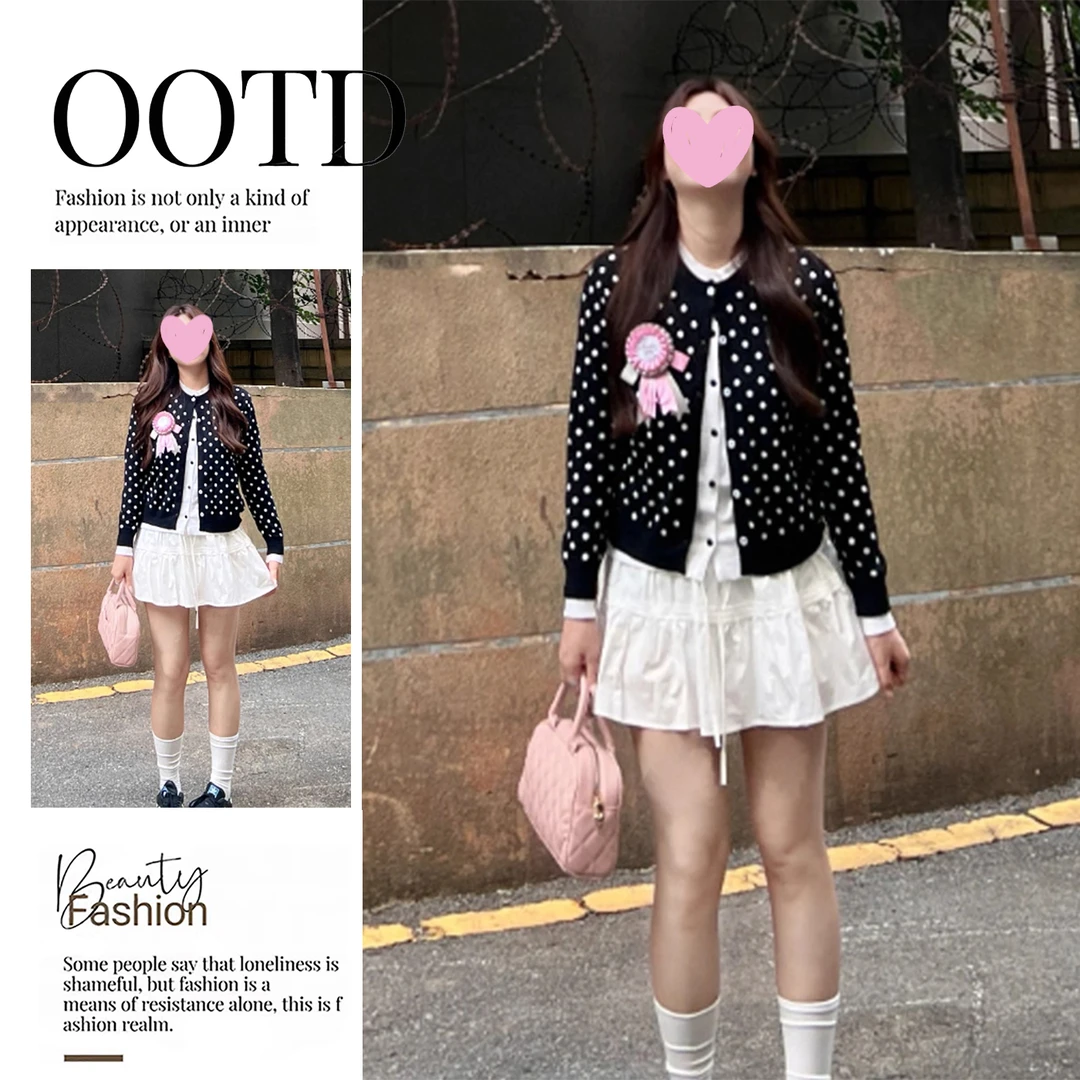 黑色波点针织开衫女2025早秋新款韩系氛围感穿搭修身短款毛衣外套