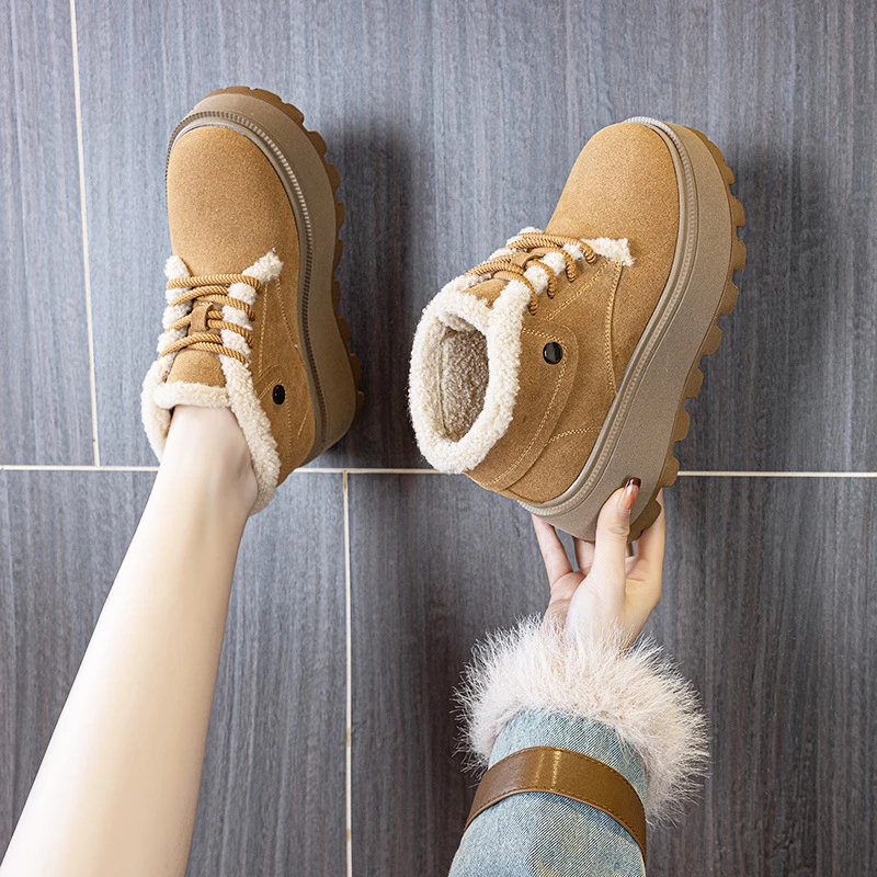 加绒保暖毛毛鞋女冬季复古厚底时尚百搭休闲系带棉鞋XBH8239