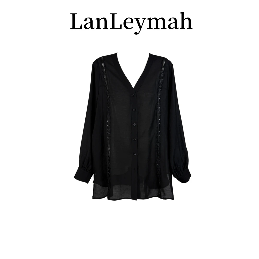 LanLeymah【V领亮片衬衫】宽松大码高个子夏季长袖防晒薄款显瘦衬衣