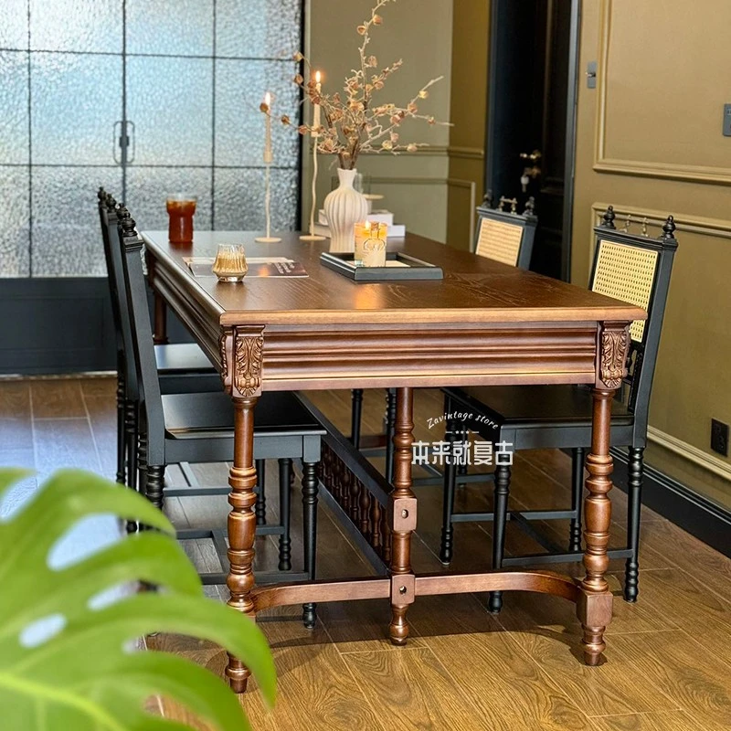 法式复古实木餐桌家用小户型雕花骑士长方形饭桌中古风客厅餐桌椅