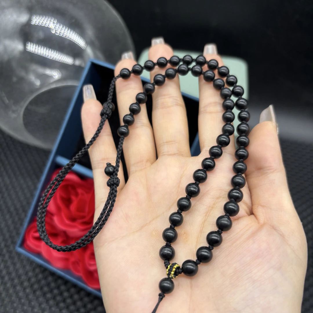 天然和田玉墨玉圆珠6mm黑色玉坠挂绳项链玉佩毛衣链编织可调节款