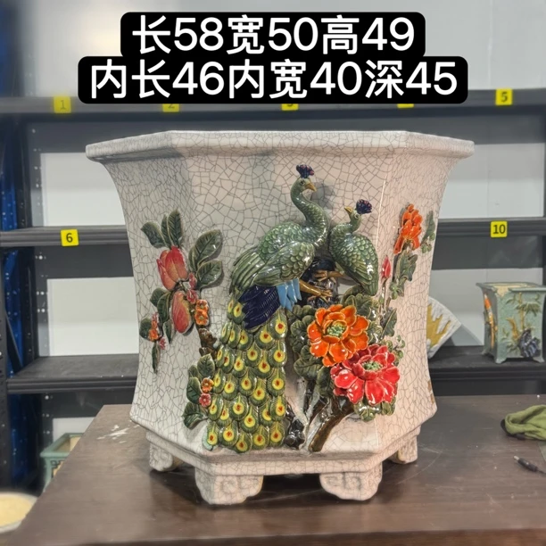 46内径大口径高六角贴花孔雀石湾盆花盆