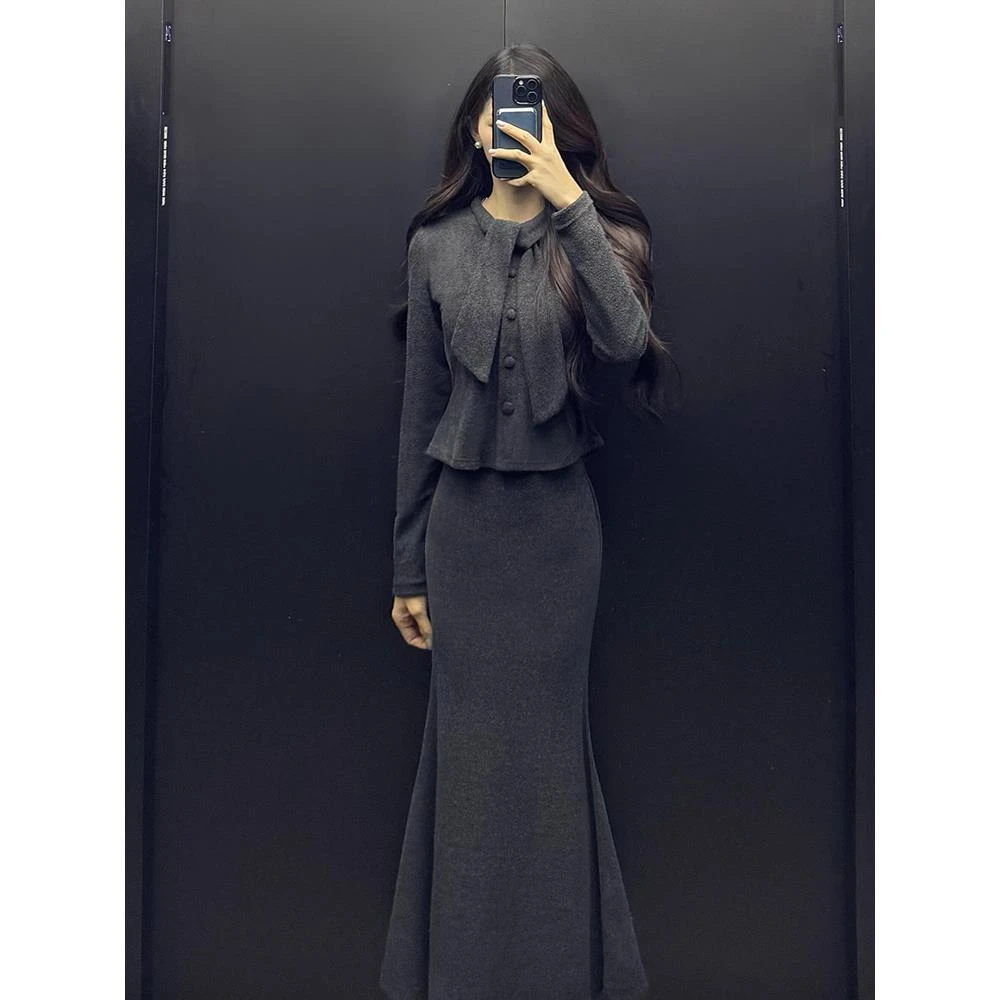 早秋装2025新款富家女小香款高端鱼尾长裙套装