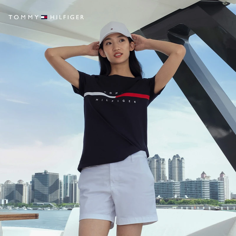 【休闲百搭】Tommy夏季女纯棉简约刺绣轻薄圆领打底短袖T恤J1635