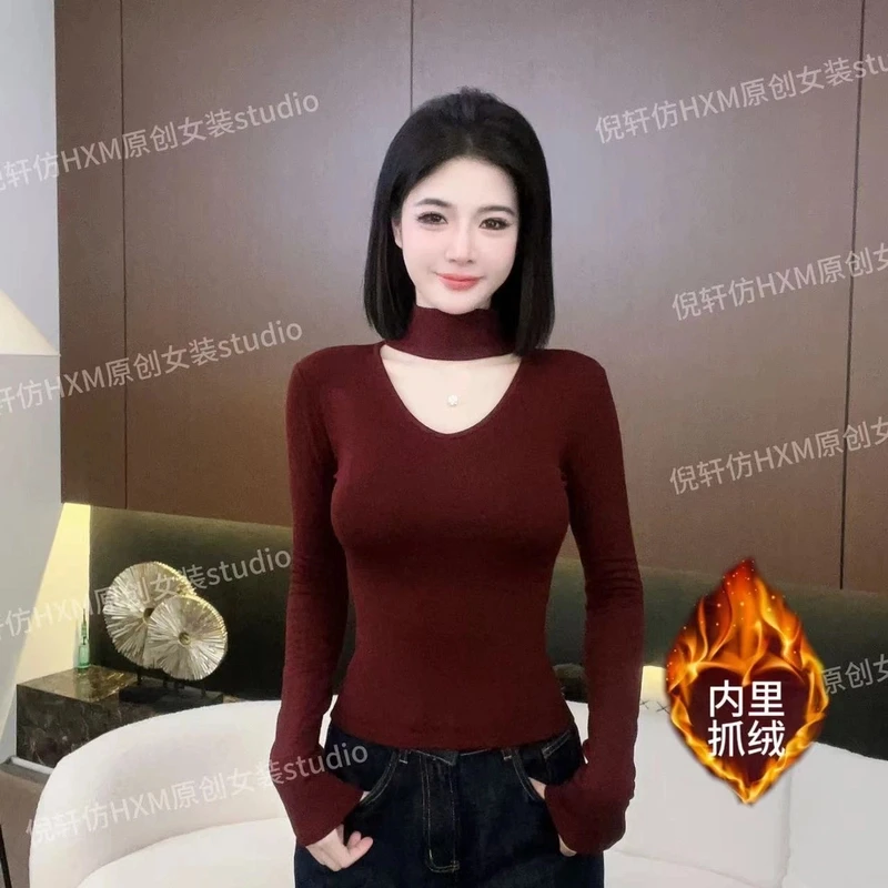 [内里抓绒]红色半高领打底衫冬季新款挂脖内搭镂空修身长袖T恤女