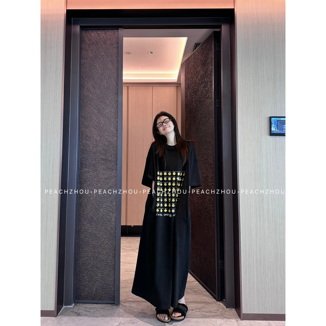 『PEACHZHOU』emoji表情包印花宽松休闲慵懒圆领T桖长款连衣裙女
