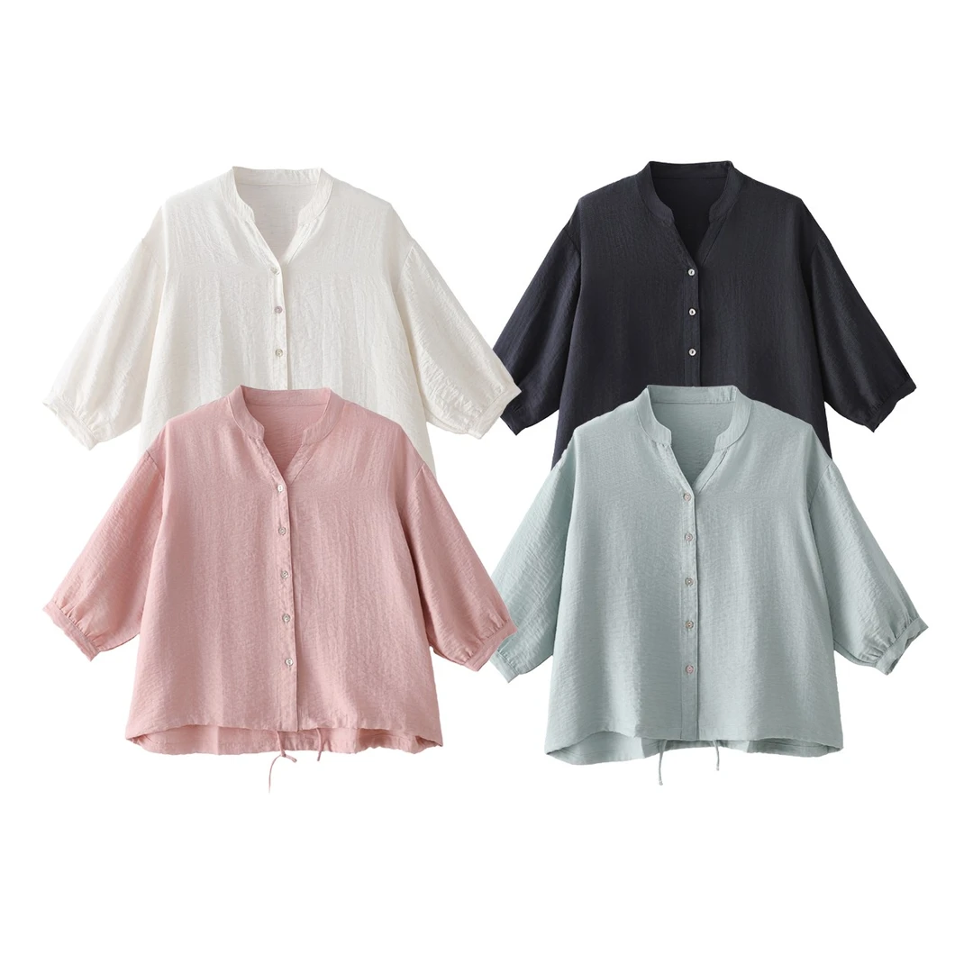 天丝亚麻半开领V领法式简约7分袖衬衫纯色薄款中袖韩版