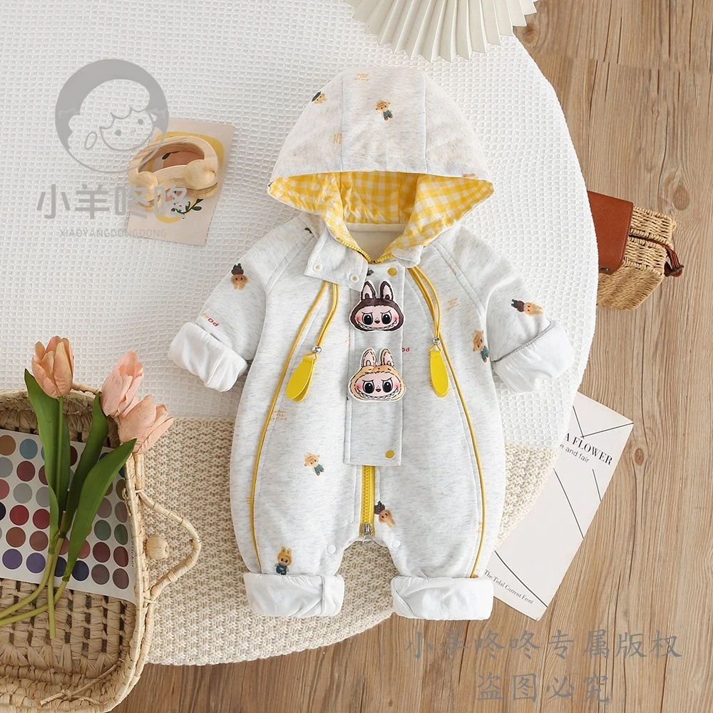 春秋款金扣拉布布哈衣男女宝卡通可爱洋气配色婴幼儿连帽双层爬服