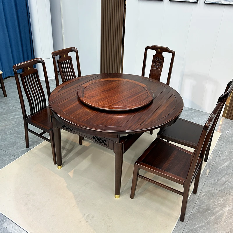 新中式乌金木全实木餐桌椅组合现代简约可伸缩家用吃饭雕花桌子