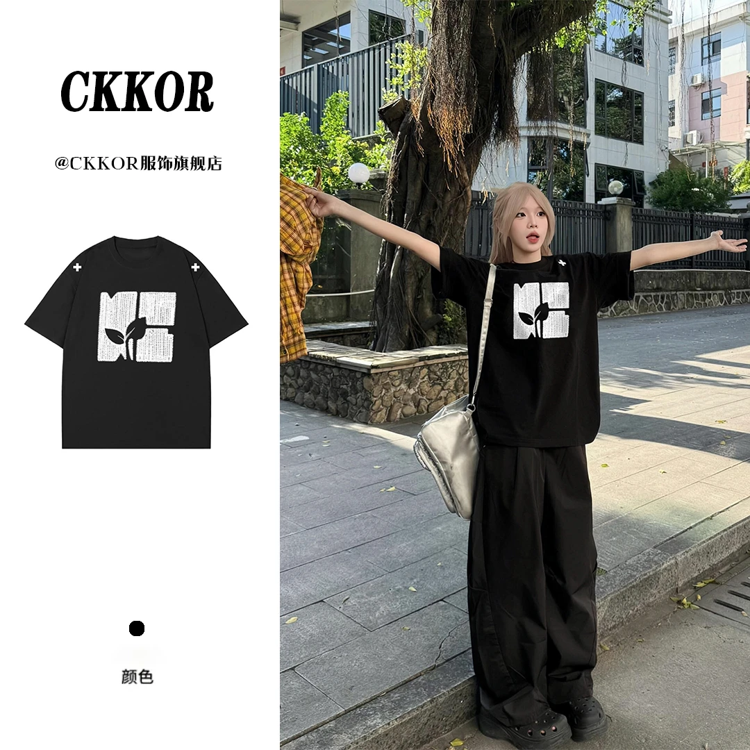 CKKOR夏季新款纯棉透气圆领短袖t恤韩版时尚设计款印花慵懒风上衣