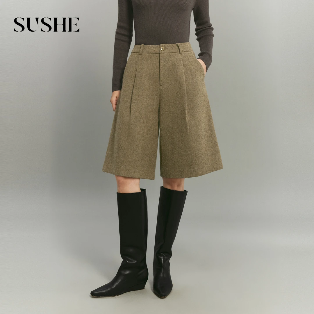 束皙SUSHE 簌岚 老钱风 混色羊毛呢高腰压褶复古显瘦五分阔腿裤女
