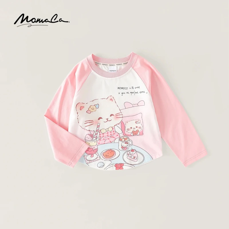 MOMOCO2025款春秋季欧若风女童甜美小猫咪撞色长袖T恤77530235010