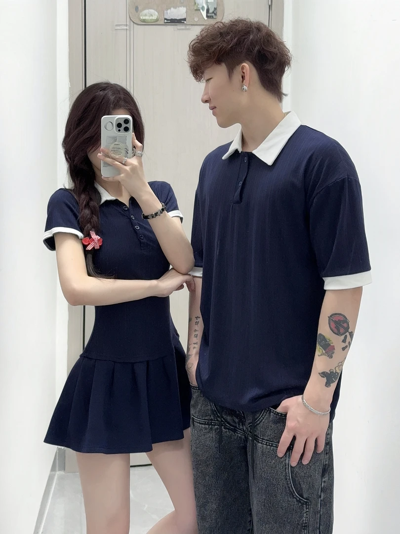 情侣装夏季学院风辣妹修身拼接女连衣裙男短袖polo衫一裙一衣