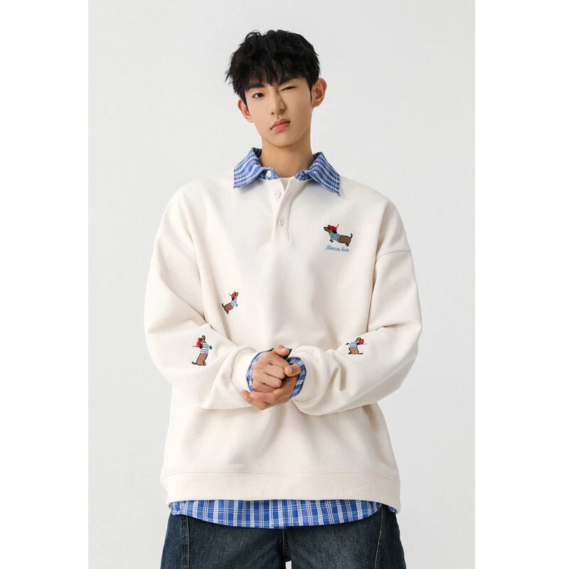 腊肠狗假两件重磅翻领衬衫卫衣男春秋oversize潮牌大码质感外套