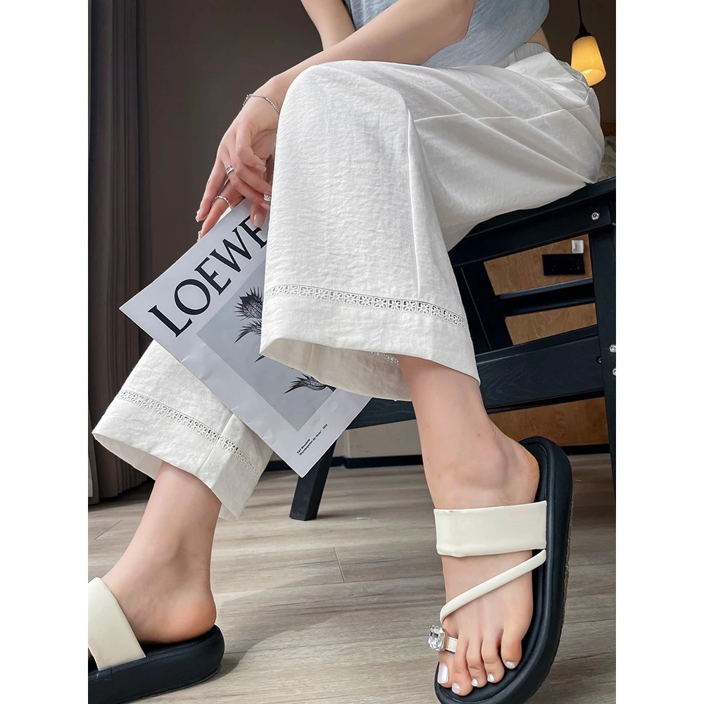 白色镂空亚麻阔腿裤女夏季薄款2025新款垂感宽松冰丝九分直筒裤子