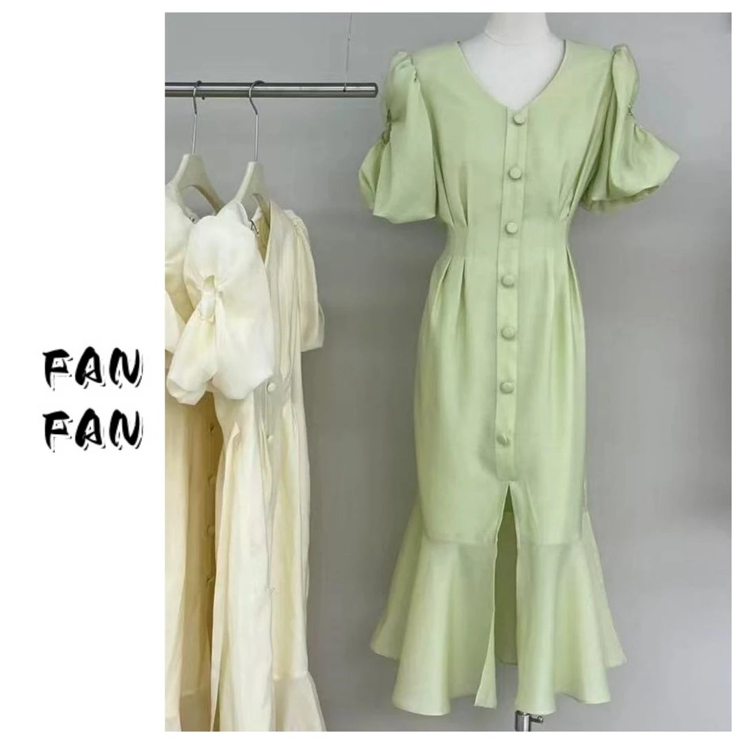 FANFAN 【美人鱼系列】泡泡袖开叉鱼尾裙连衣裙