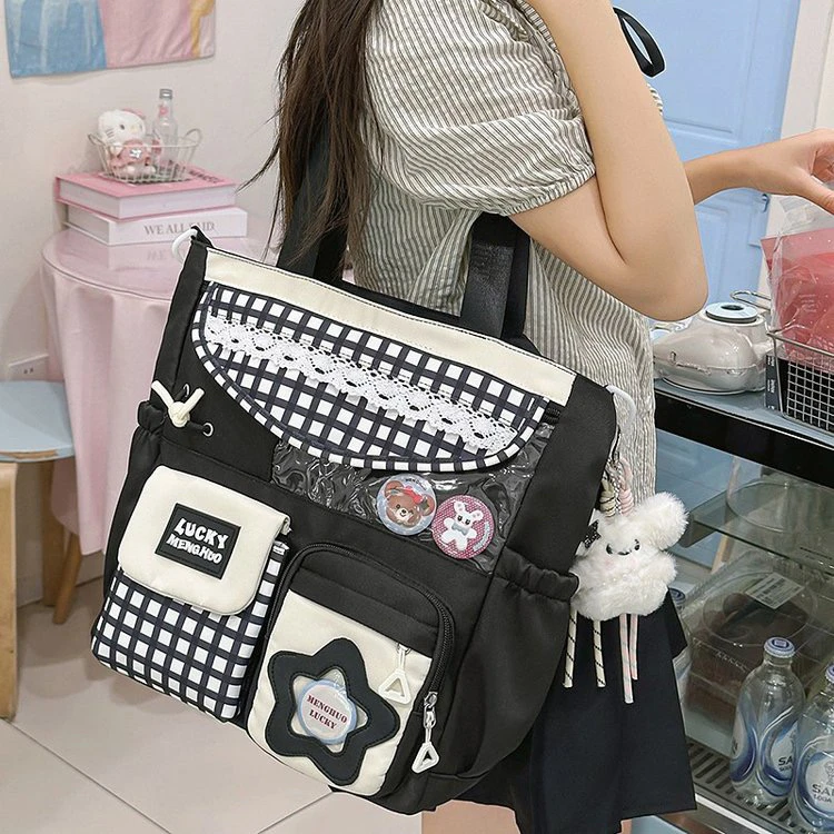 托特包韩版简约风休闲斜挎包少女风肩包撞色格子单肩