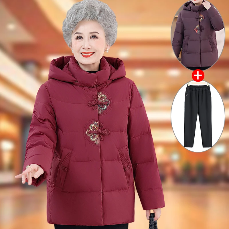中老年人冬装女棉衣奶奶装连帽棉袄60岁70妈妈绣花棉服老太太冬天