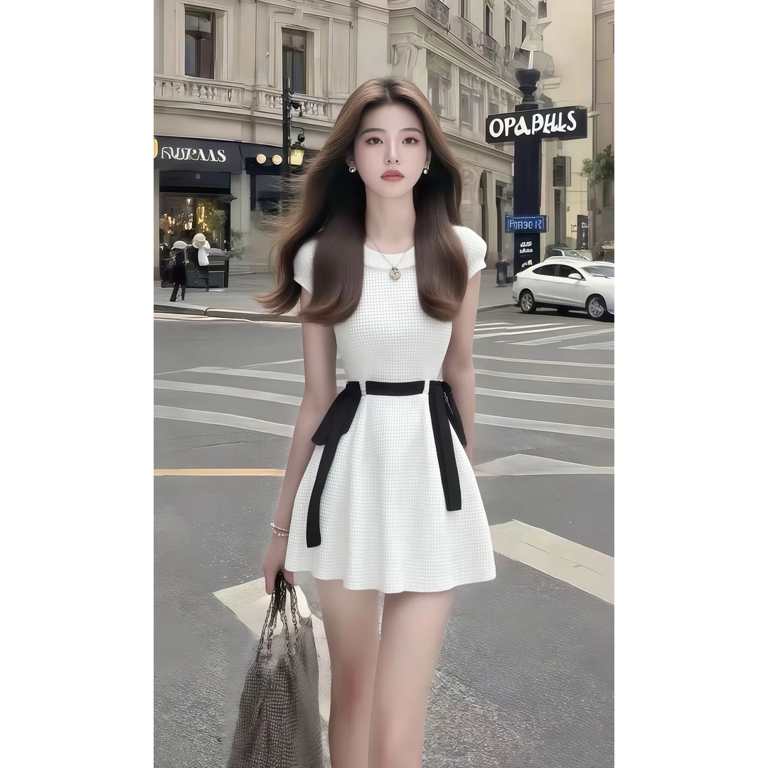 2025夏季新款白色格子圆领收腰短袖连衣裙女小众时尚气质显瘦女装