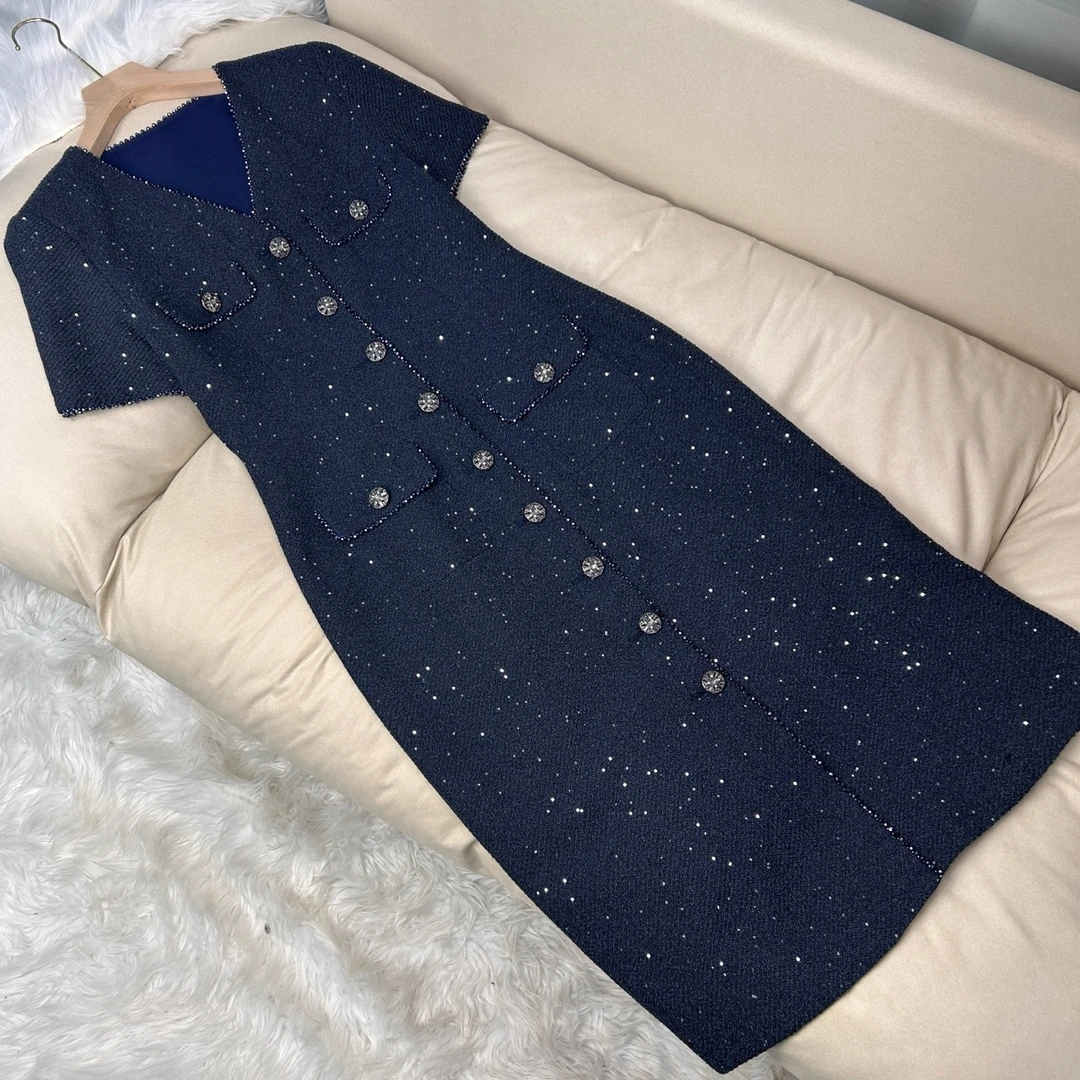 【苍兰诀】桑蚕丝 藏蓝色 小香风短袖连衣裙 70440