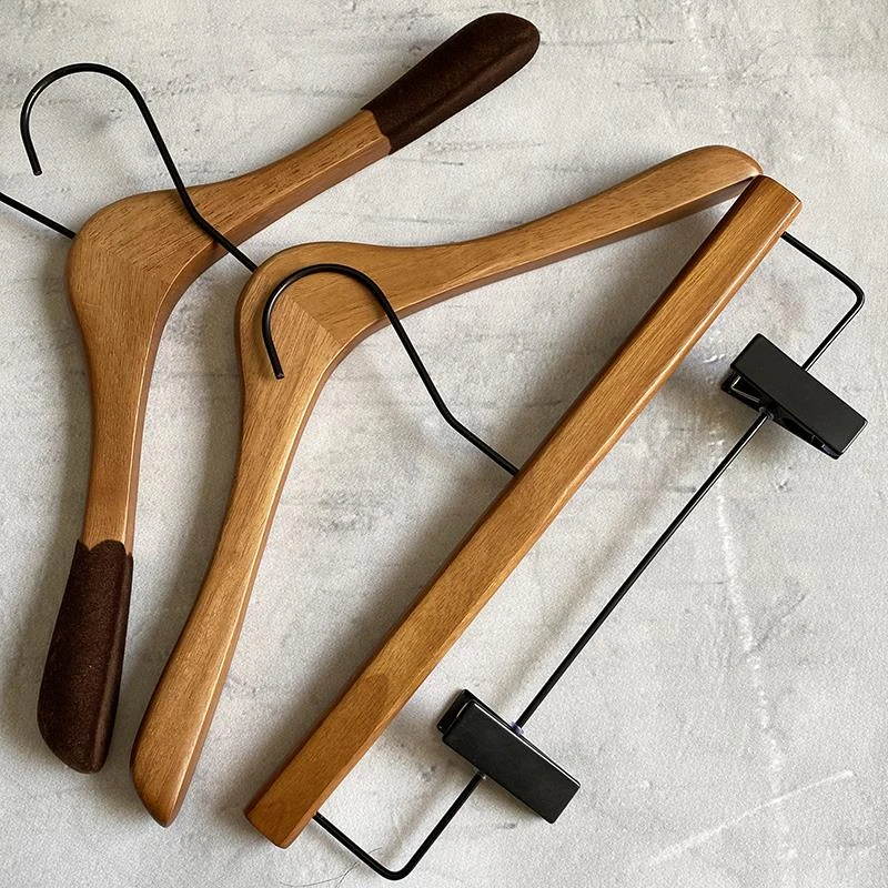 网红橡胶木服装店植绒防滑胡桃木色衣架实木男女服装店衣挂装裤架