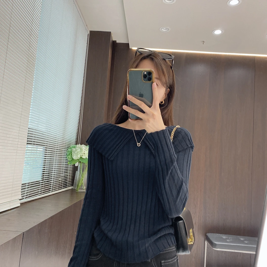 IMFLY金小金自制女装 针织衫DYW9702秋装法式翻领长袖针织上衣