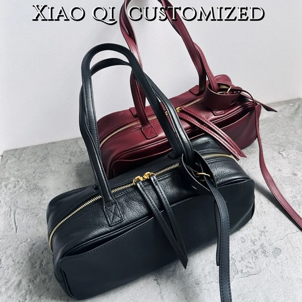 Xiao Qi保龄球复古包头层牛皮波士顿包韩版时尚极简风吐司包单肩