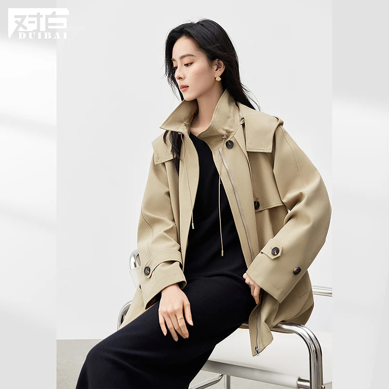 【对白】D01对白花苞领斗篷风衣外套女可拆卸连帽气质上衣FDW001