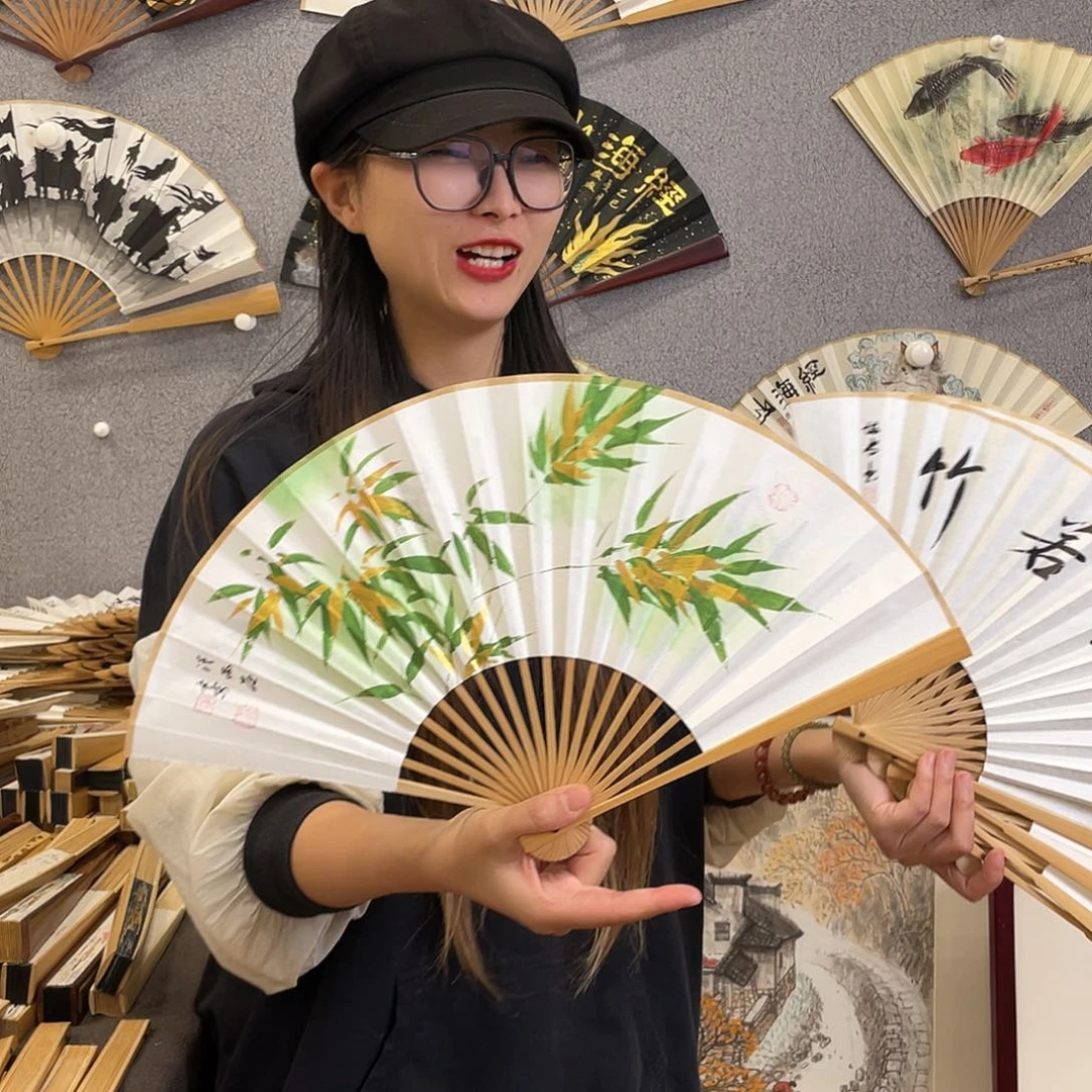 国画8寸玉竹-纯手绘-文玩扇骨（默认粘好）